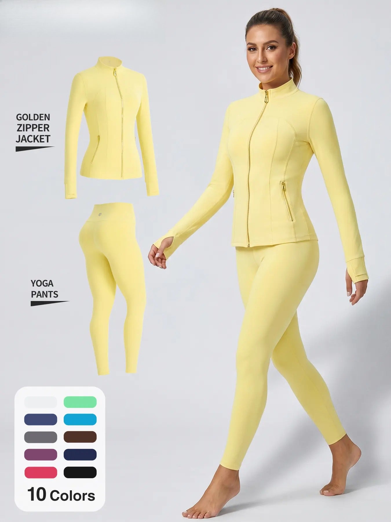 Soft Brushed Women's Sporty Jacket, 25'' Inseam Leggings. Gold-Color zipper Jacket with Pockets, Yoga Pants, Thumbholes Design, Casual