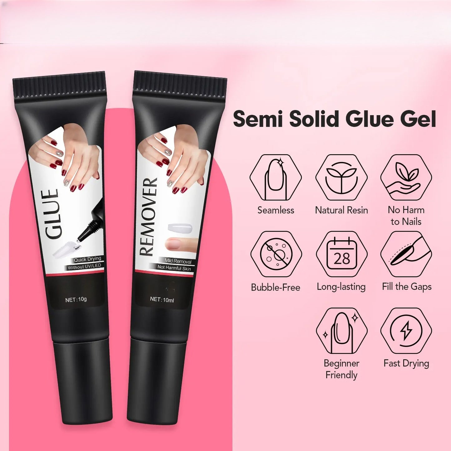 Newly Upgraded 10g Quick-Drying Semi-Solid Nail Glue with 10ml Remover – Long-Lasting Adhesive Gel for Press-On Nails, Acrylic Tips, and Salon-Quality Nail Kits – Easy Application, No UV Lamp Needed for Home or Salon Use