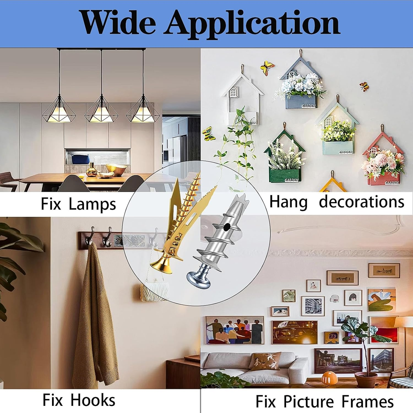 380pcs Self Drilling Drywall Anchors with Screws, 5 Different Sizes Zinc Plated Steel Self-Drilling Anchors Set, Easy Application No Drill or Holes in Wall
