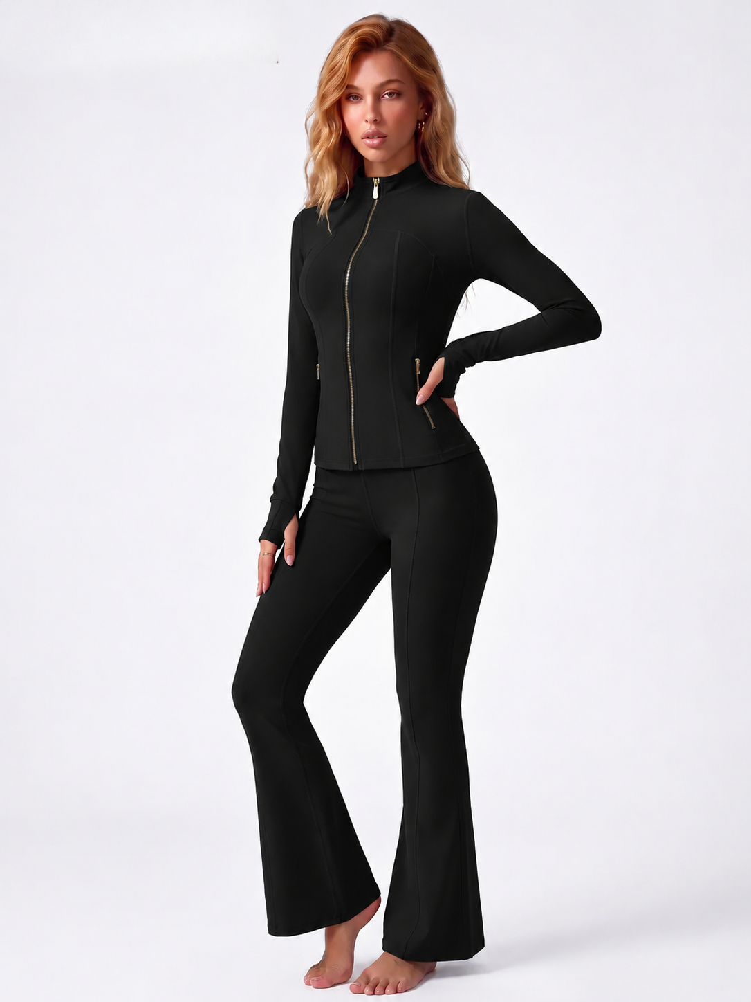 Soft Brushed Women's Sporty Jacket, 25'' Inseam Leggings. Gold-Color zipper Jacket with Pockets, Yoga Pants, Thumbholes Design, Casual