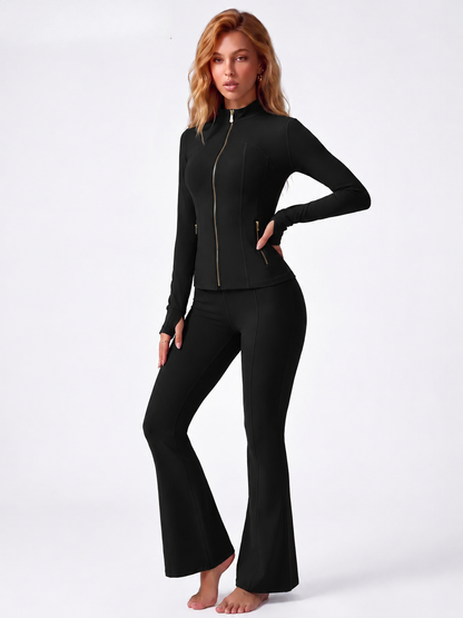 Soft Brushed Women's Sporty Jacket, 25'' Inseam Leggings. Gold-Color zipper Jacket with Pockets, Yoga Pants, Thumbholes Design, Casual